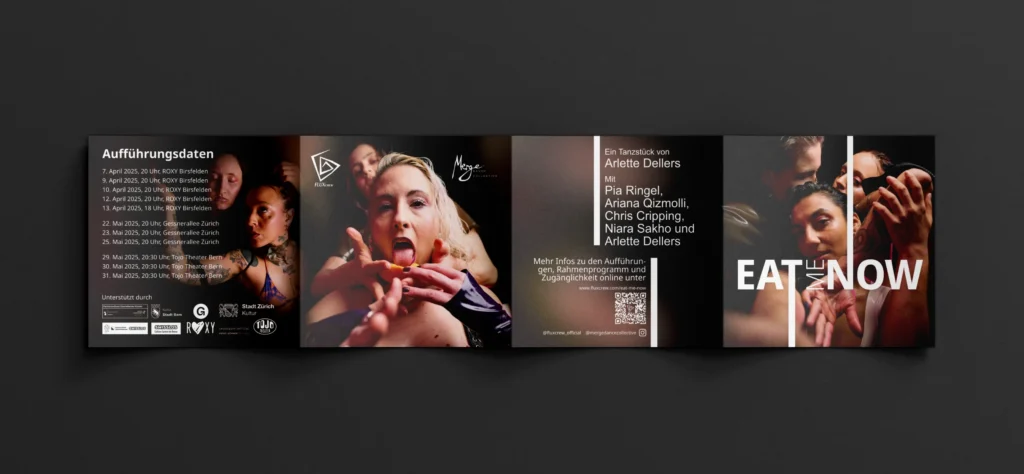 the trifold flyer mockup, outside showing the branding and info